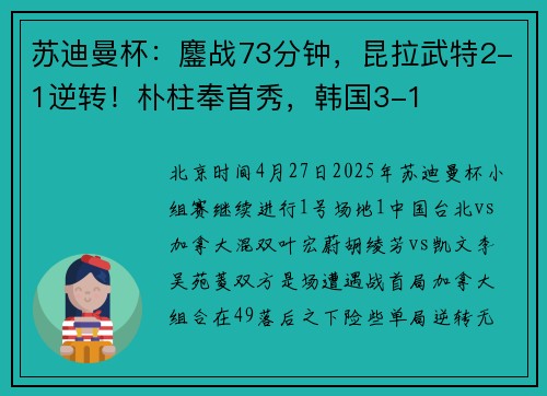 苏迪曼杯：鏖战73分钟，昆拉武特2-1逆转！朴柱奉首秀，韩国3-1